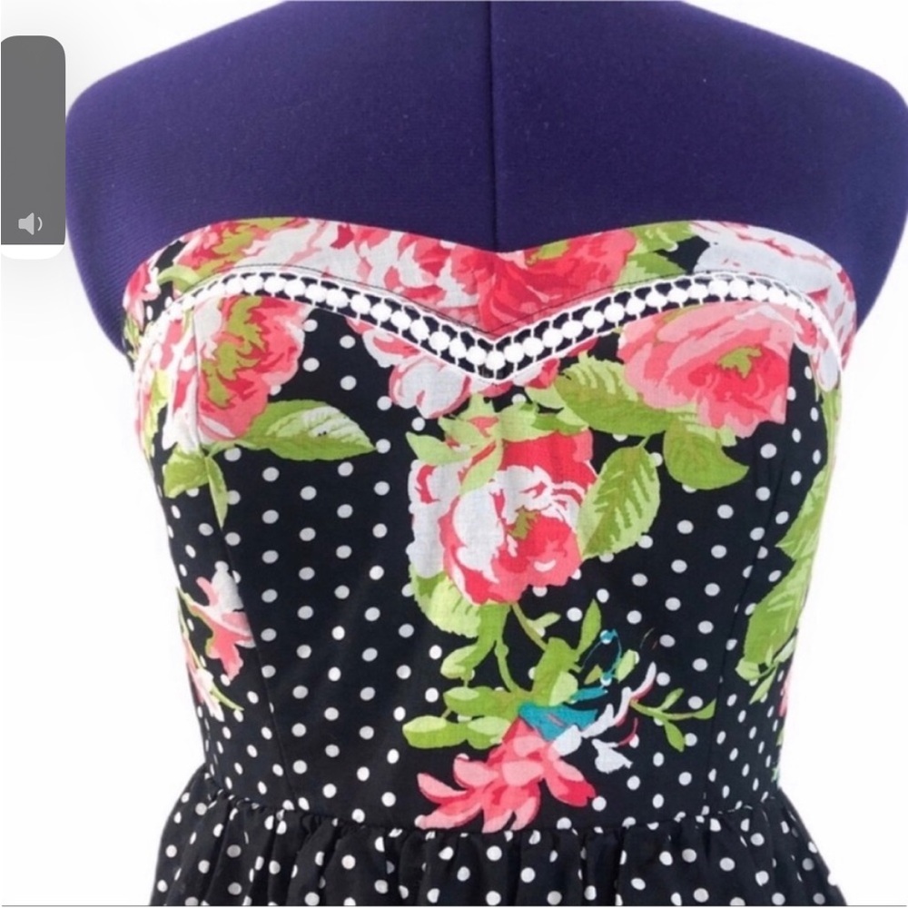 Floral Polka Dot Strapless Mini Dress Retro Rockabilly Style Pinup - Picture 3 of 9